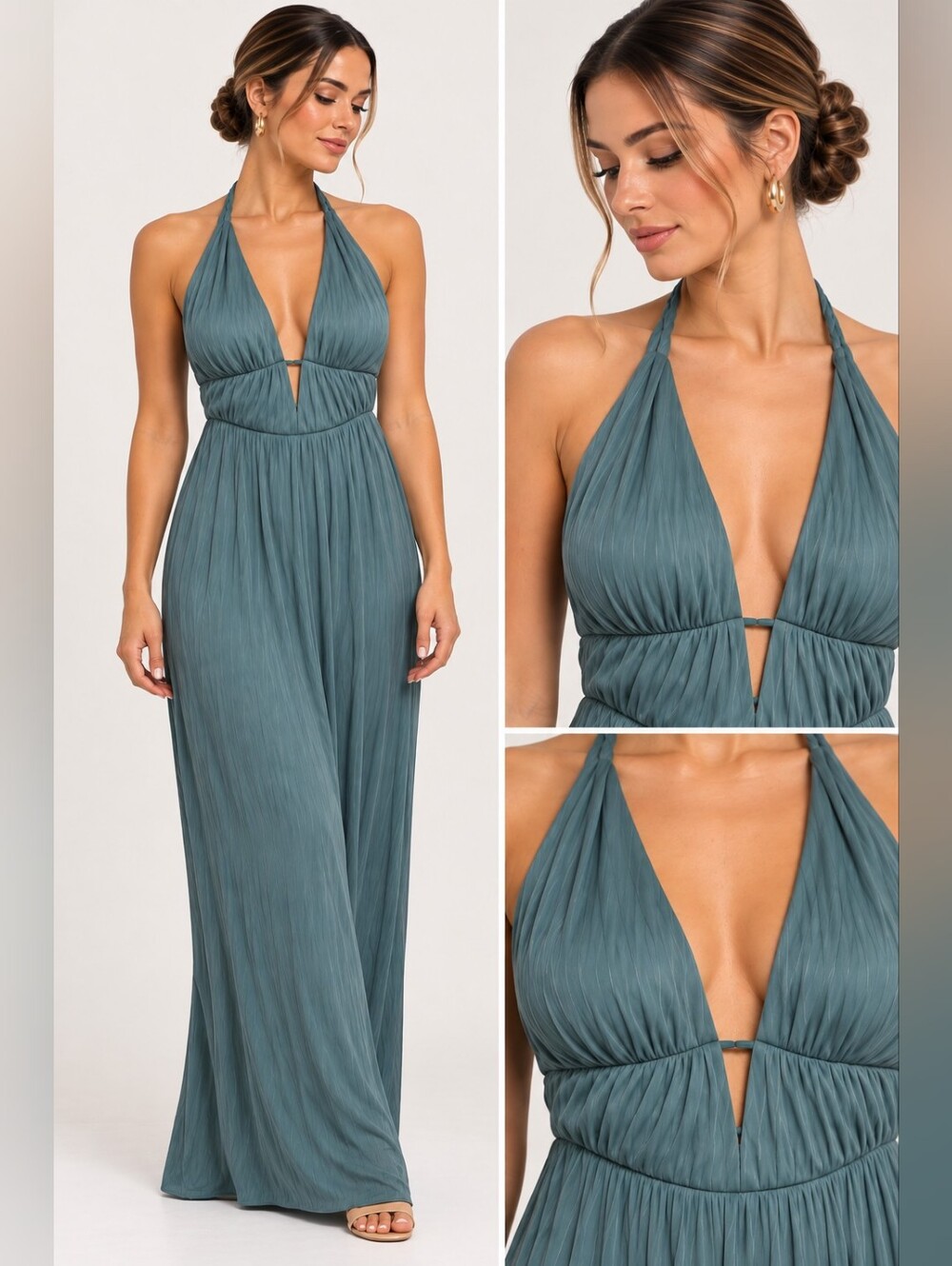 NWOT Zara Size M Elegant Sage Green Halter Maxi Dress PTP 15"